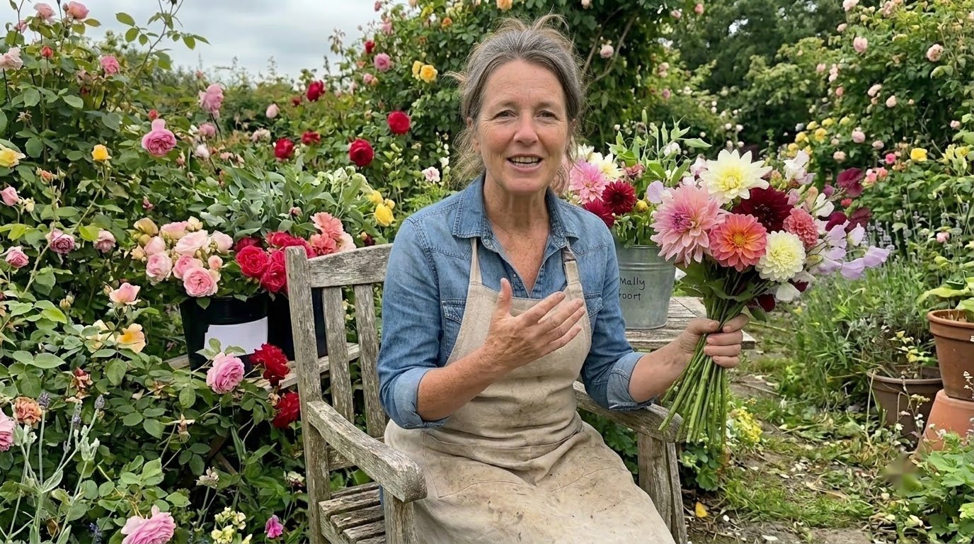 Marta Greenwood in her garden, holding up a freshly tied bouquet while explaining something