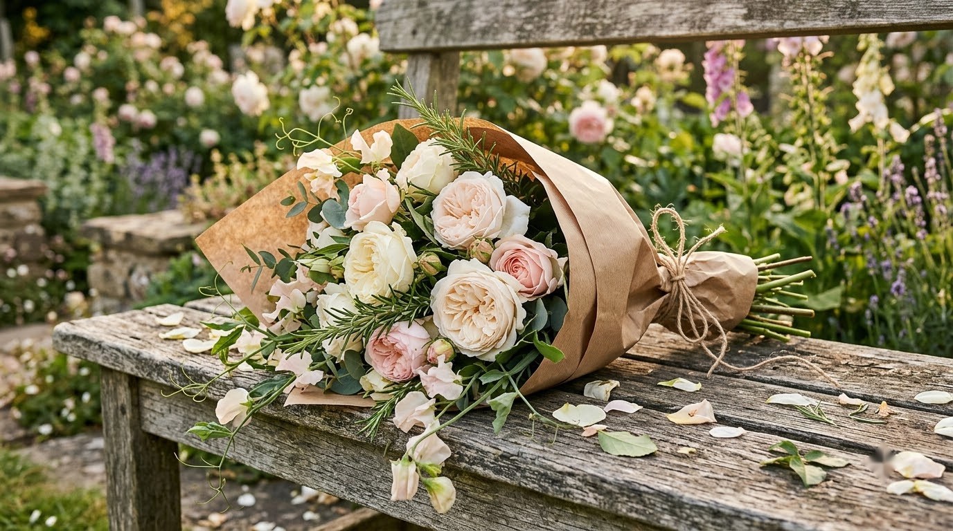 Garden roses wrapped in brown paper