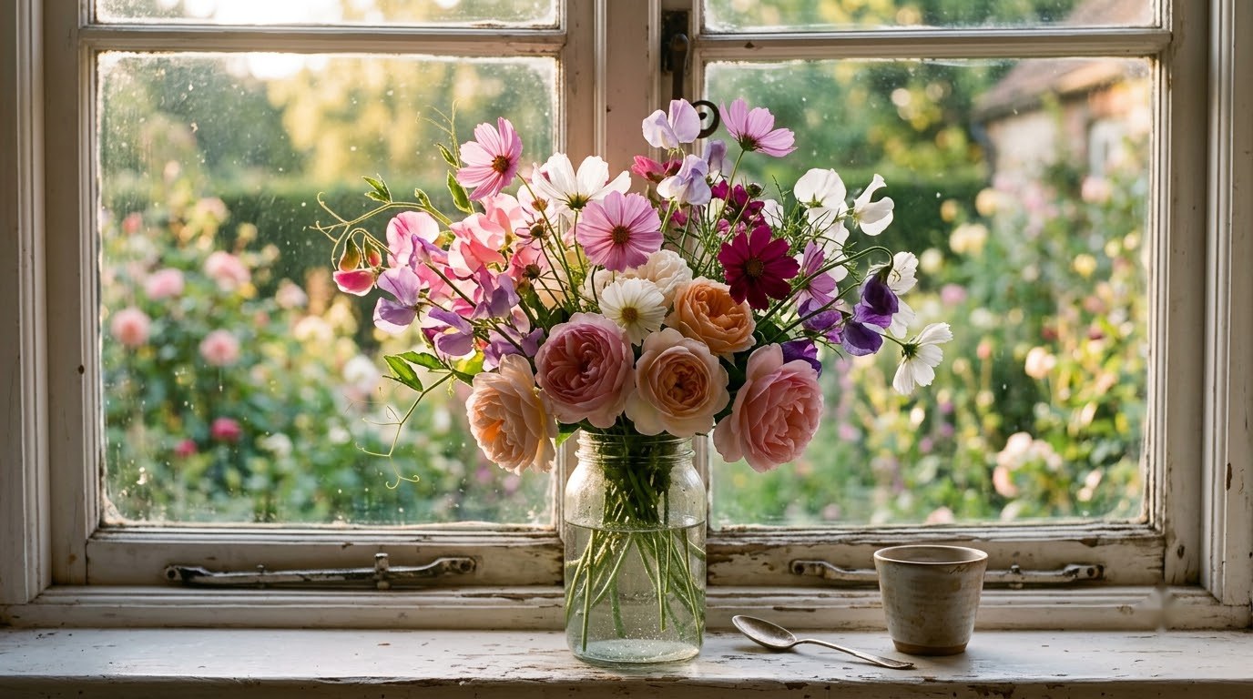 Sweet peas in a jam jar